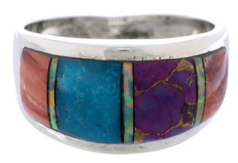 Multicolor Inlay Southwestern Silver Ring Size 8-3/4 EX50896